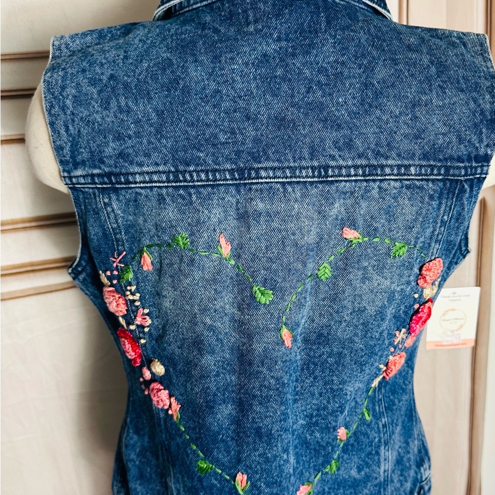 Embroidered Dark Blue Denim Vest with Pink Floral Heart - Picture 8 of 11
